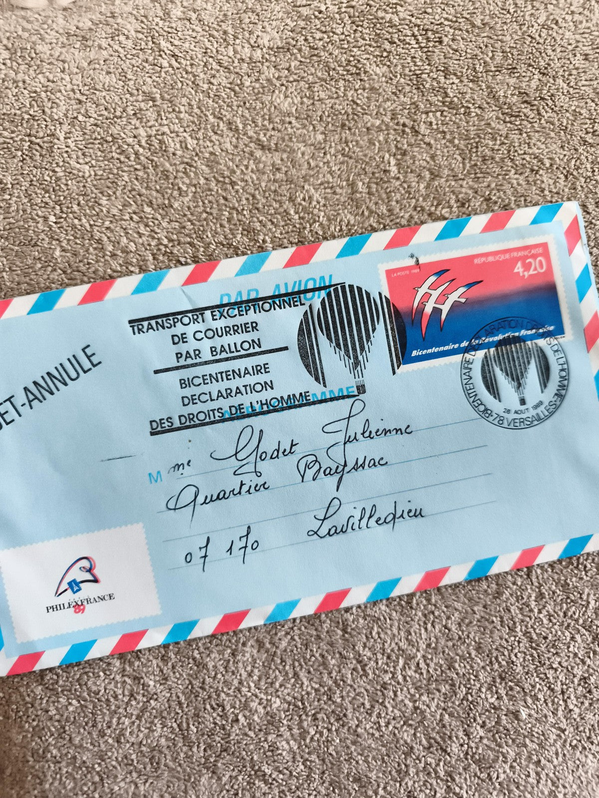 Lettre par avion Philatélie ballon Bicentenaire DDH France affranchissement 4,20