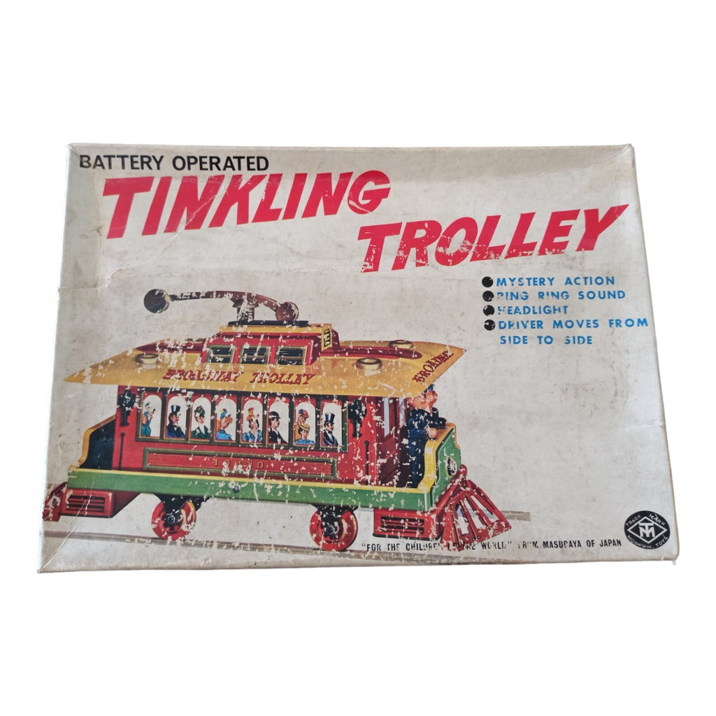 Jouet ancien Tinkling Trolley Masudaya Japan tram vintage 1940s boîte illustrée