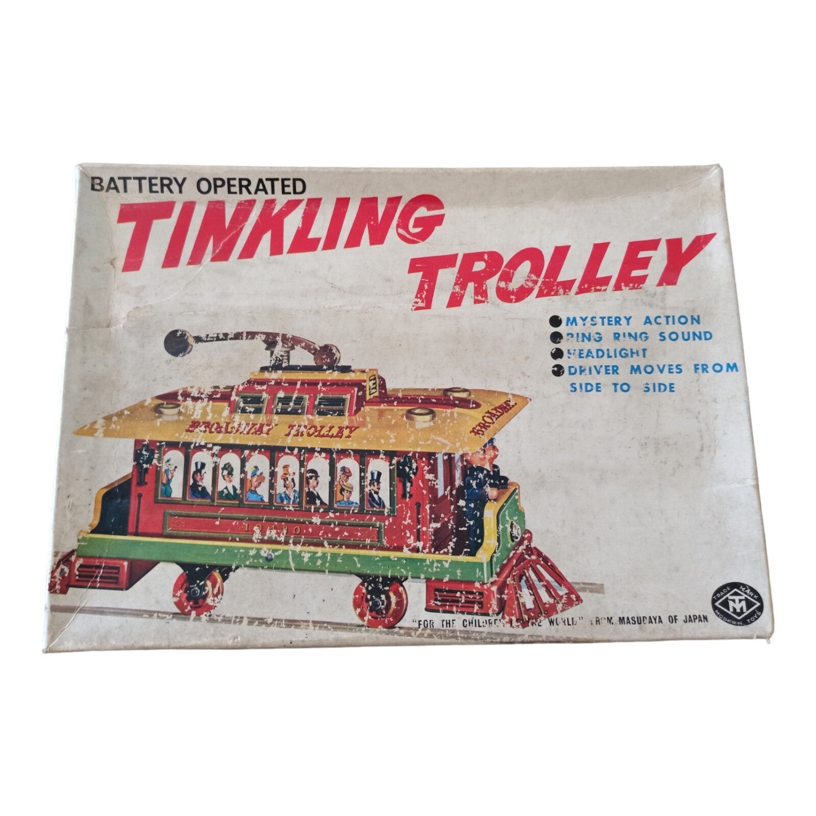 Jouet ancien Tinkling Trolley Masudaya Japan tram vintage 1940s boîte illustrée