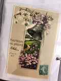 Carte postale ancienne Pâques 1908 fleurs violettes cloche timbre France CPA