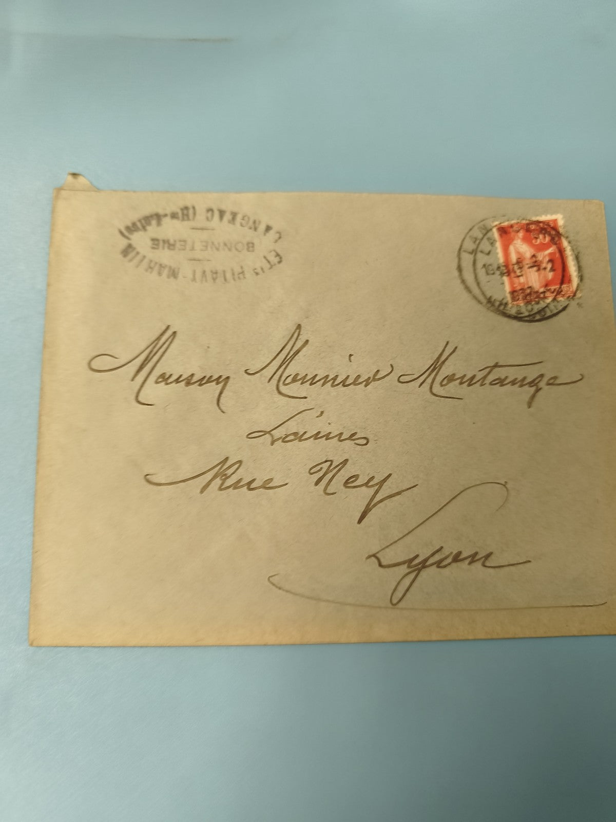 Ancienne enveloppe oblitérée début XXe philatélie timbre rouge Lyon vintage