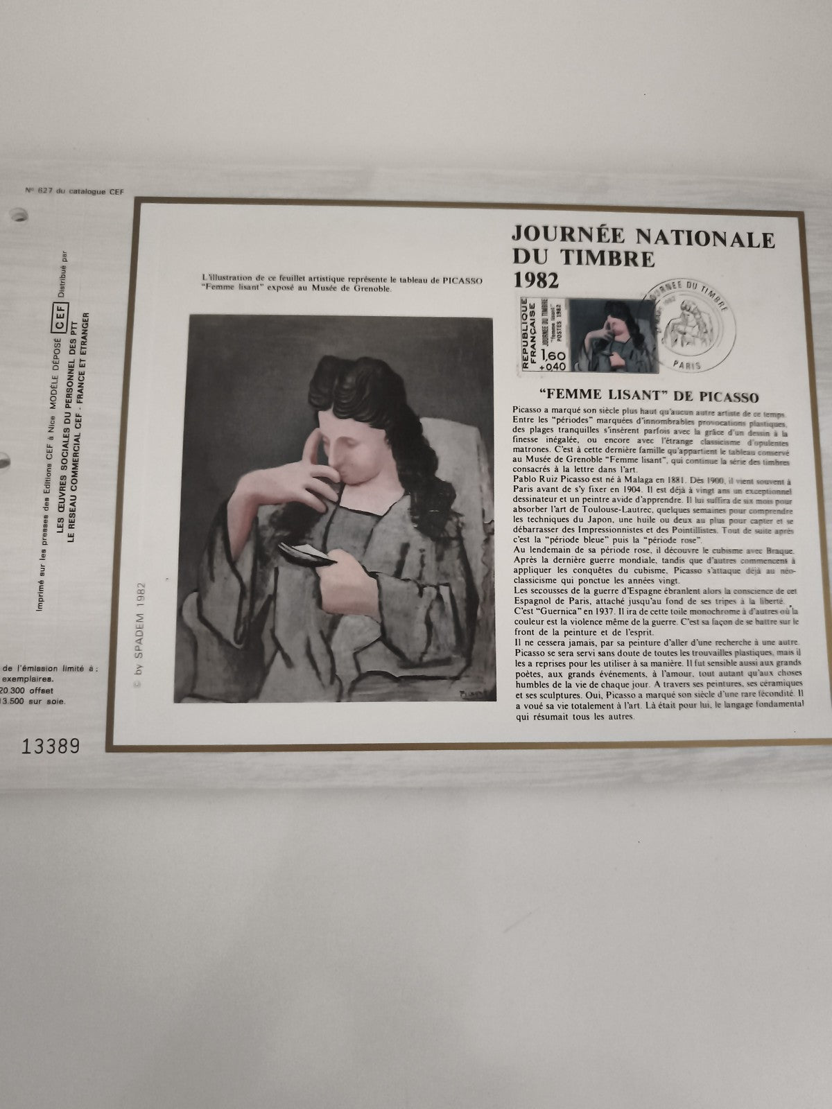 Feuillet CEF Journée du Timbre 1982 Picasso Femme Lisant oblitéré Paris philatél