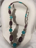 Collier vintage rétro perles fantaisie bleu violet gris, bijou ancien original