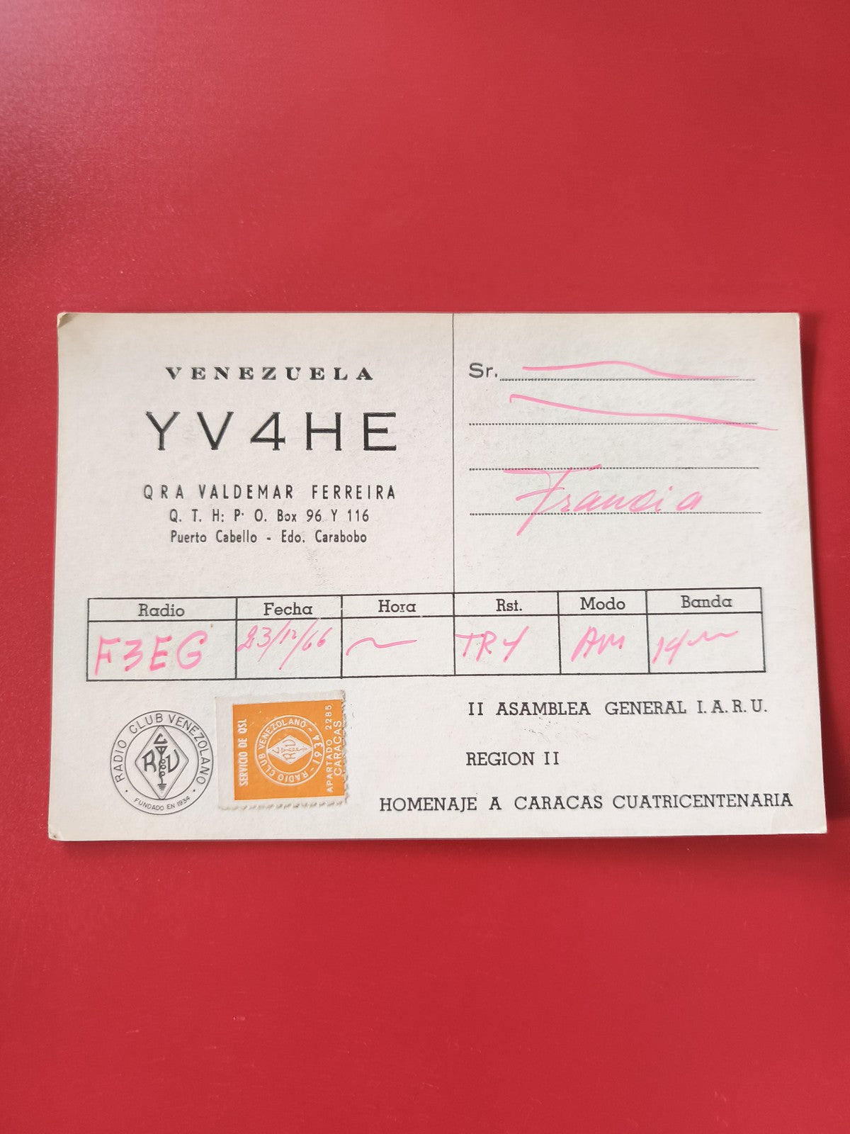 Carte radio QSL Venezuela YV4HE Valdemar Ferreira Puerto Cabello 1966