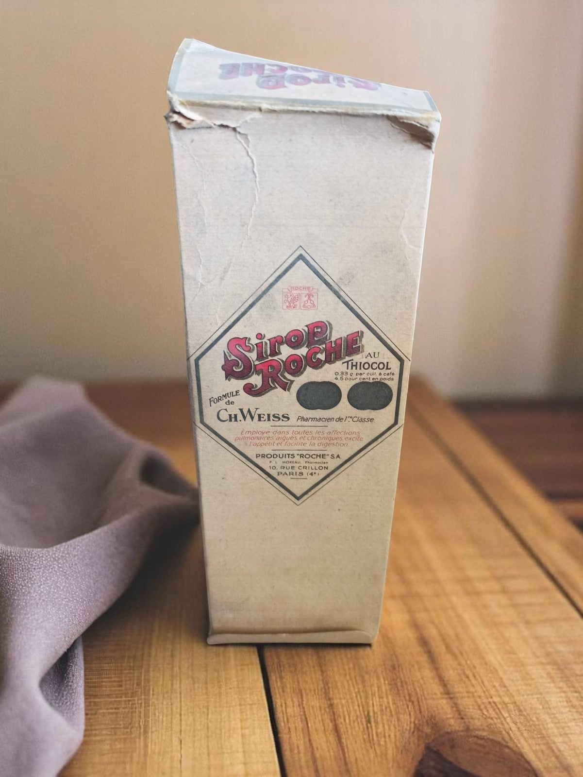 Bouteille ancienne Sirop Roche avec boîte, pharmacie vintage Paris années 40