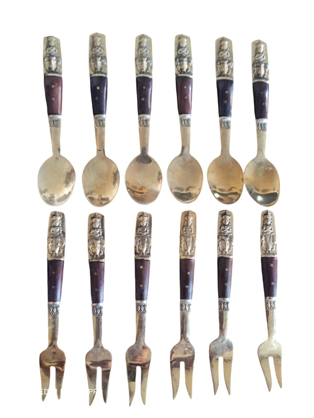 Ensemble couverts à thé ancien bronze thaïlandais, cuillères et fourchettes déco