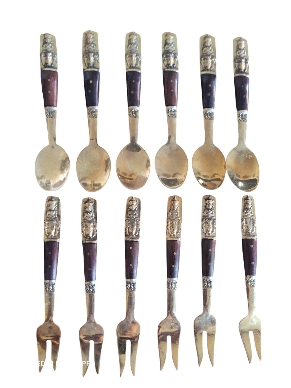 Ensemble couverts à thé ancien bronze thaïlandais, cuillères et fourchettes déco