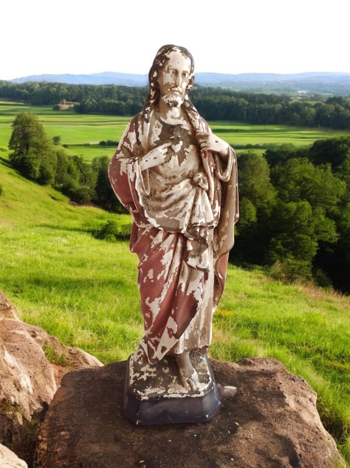 Statue Sacré-C?ur Jésus plâtre polychrome début XXe déco église