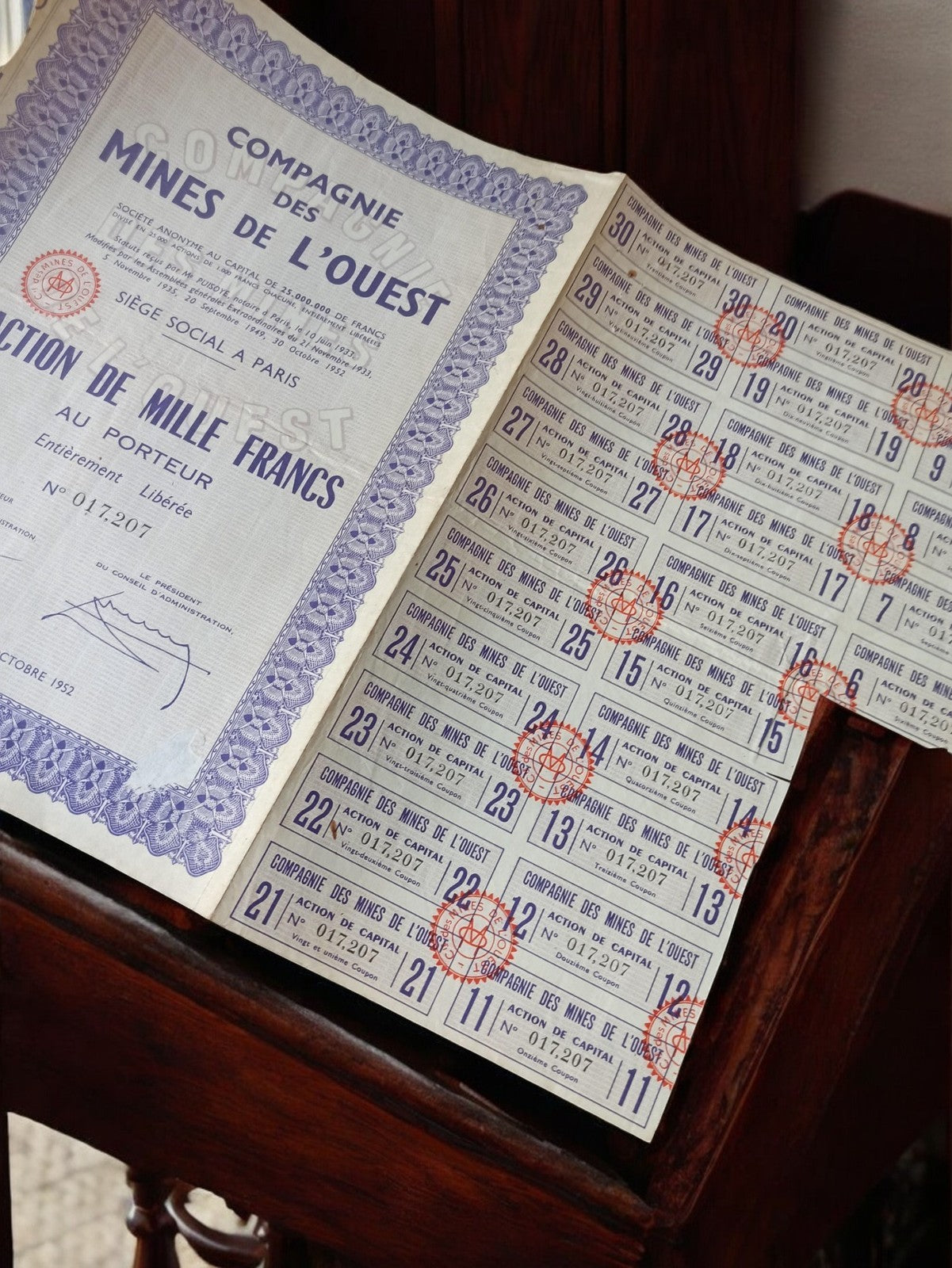 Action au porteur Compagnie des Mines de l’Ouest 1000 Francs vintage 1952