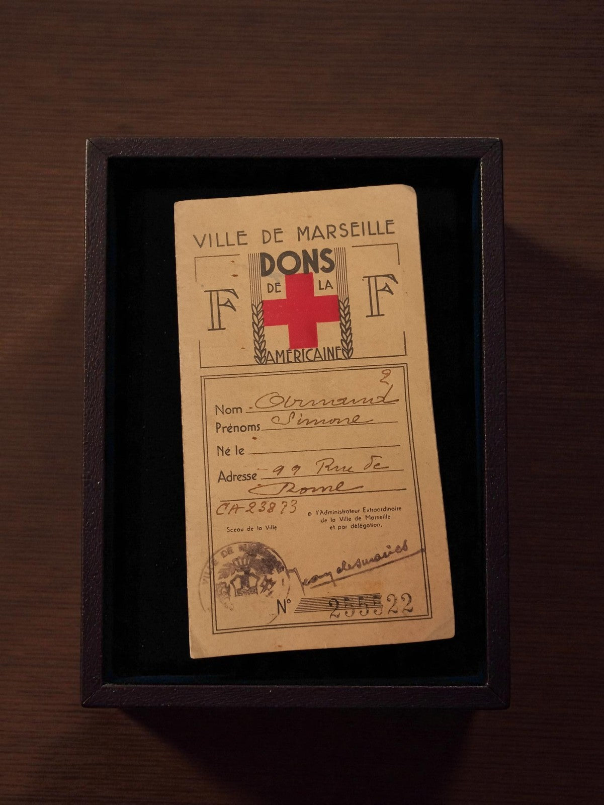 Document ancien Croix-Rouge Marseille dons, vintage humanitaire France archive