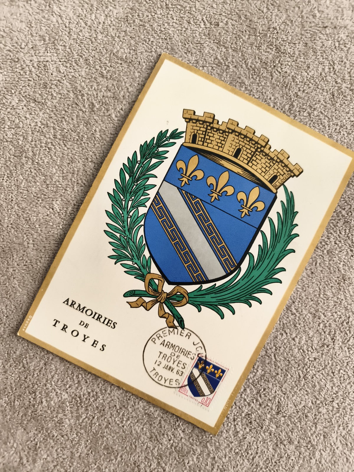 Carte postale Armoiries de Troyes blason timbre 1963 philatélie