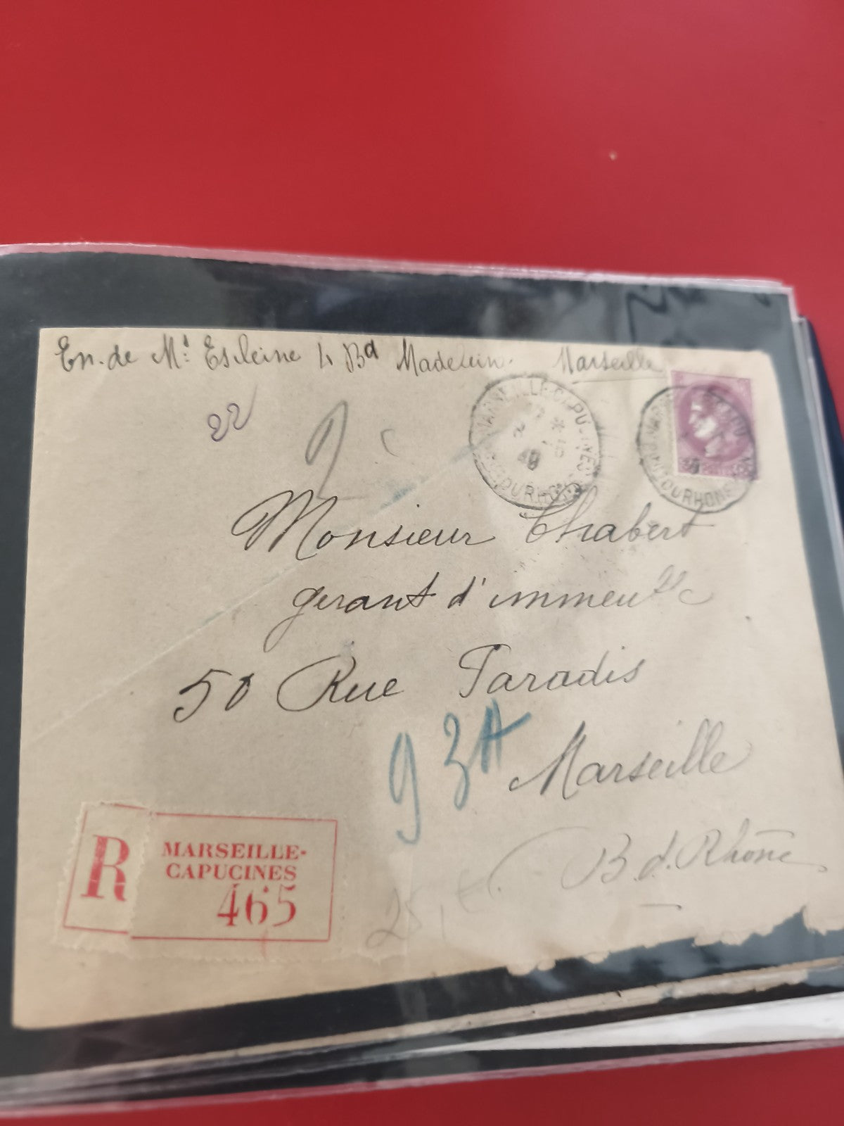 Ancienne enveloppe oblitérée Marseille recommandée, timbre violet, philatélie