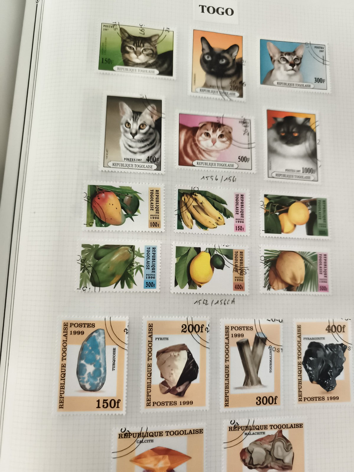 Timbres Togo chats fruits minéraux 1997-1999 République Togolaise philatélie