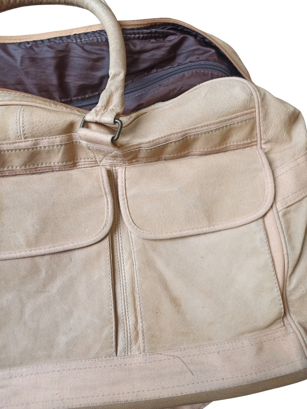 Sac de voyage vintage cuir beige ancien, grand format, multi-poches