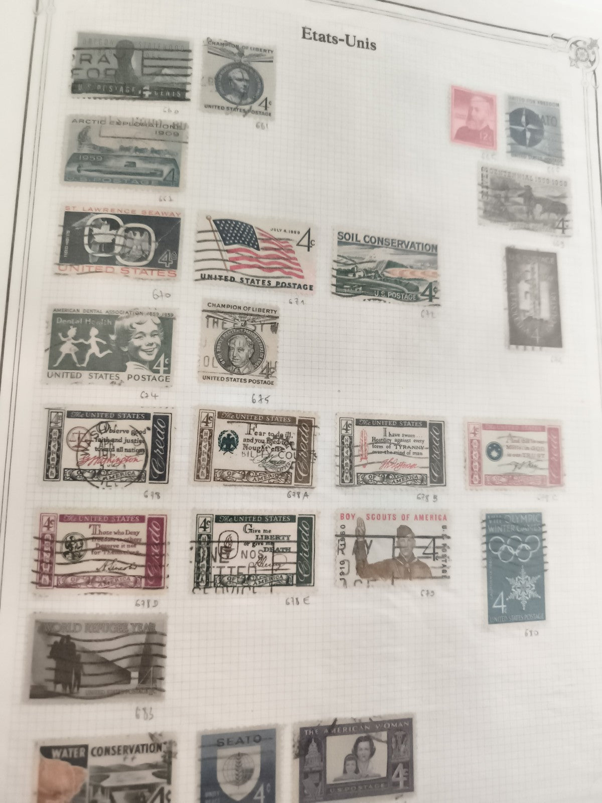 Lot anciens timbres USA oblitérés, années 1950-60, philatélie vintage États-Unis