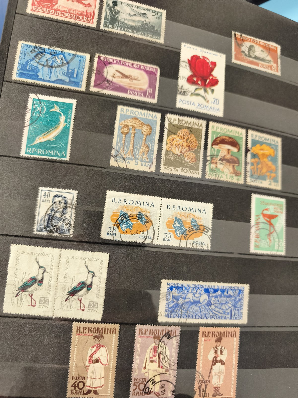 Lot anciens timbres oblitérés Roumanie motifs variés fleurs oiseaux costumes