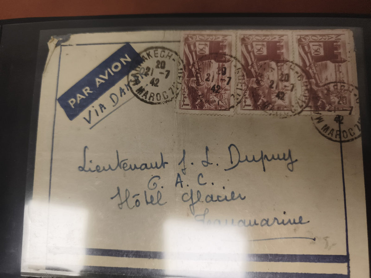 Lettre avion 1942 Maroc timbres oblitérés Marrakech philatélie cachet bleu