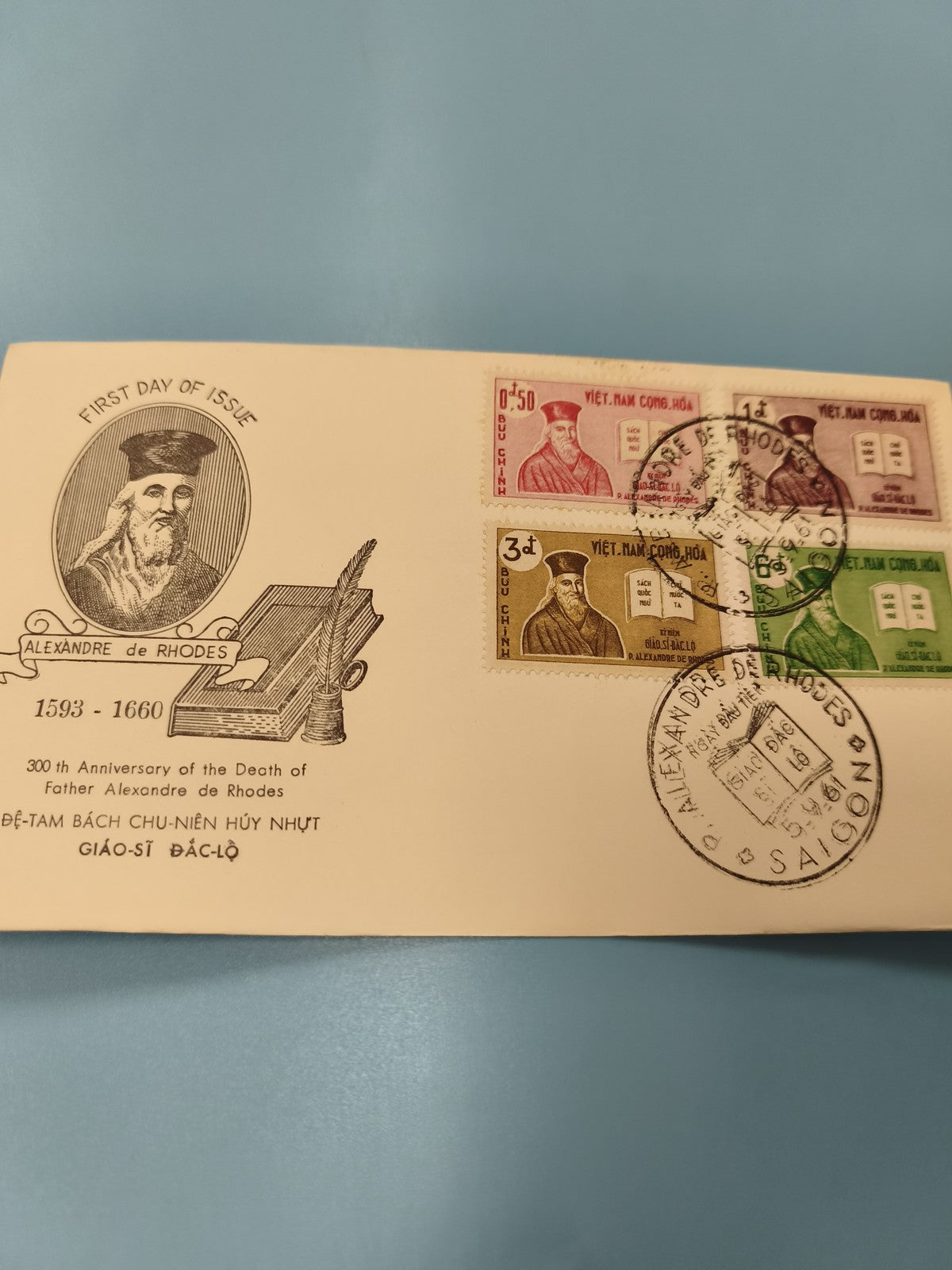 Ancienne enveloppe FDC Vietnam Alexandre de Rhodes 1960 timbres illustrés