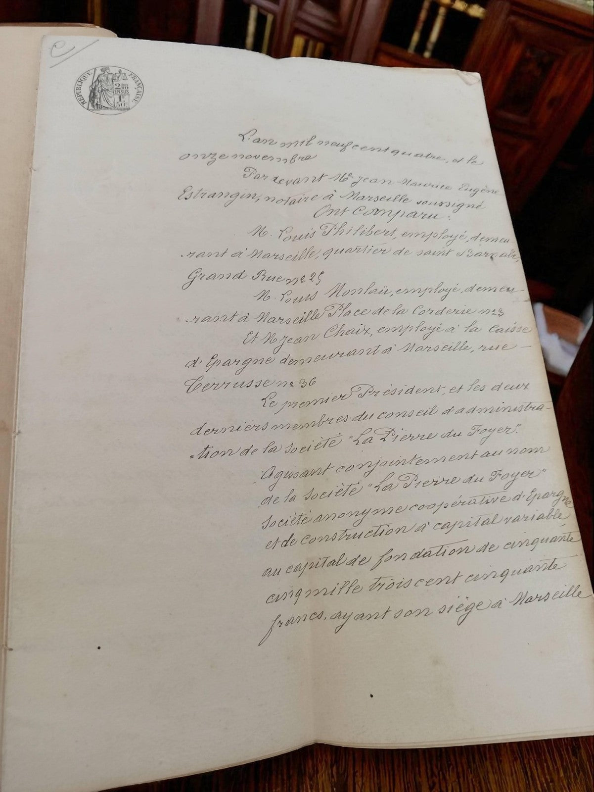 Document notarié ancien Marseille début 1900, manuscrit vintage authentique