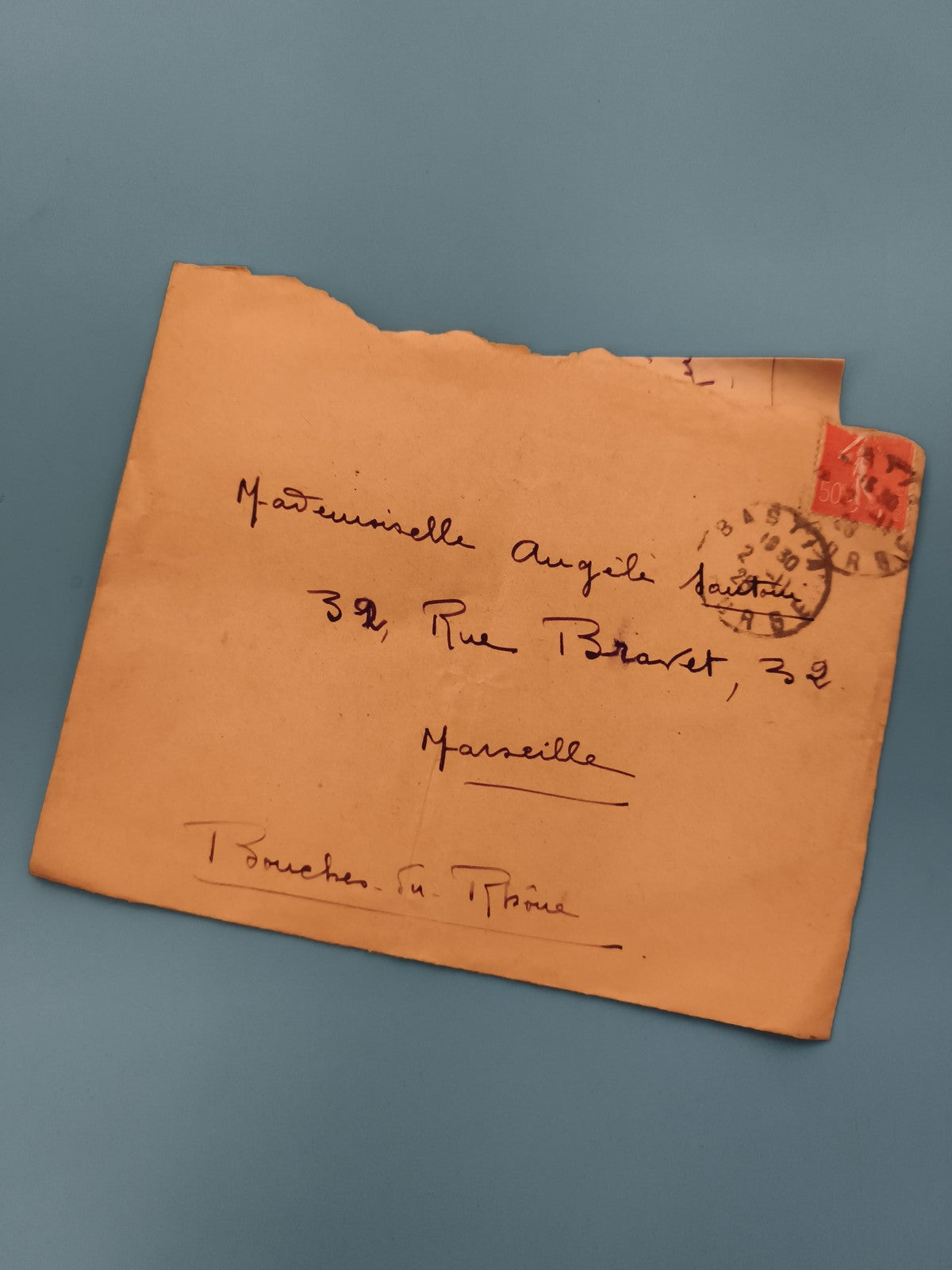 Lettre ancienne affranchie 50c Marianne, enveloppe manuscrite Marseille (Ref 3)