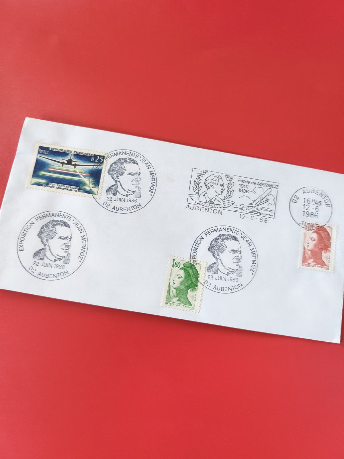 Enveloppe philatélie oblitérée France, timbres et cachets Jean Mermoz Aubenton