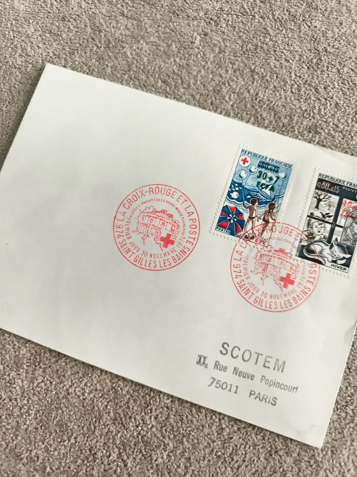 Lettre premier jour Croix-Rouge 1974 timbres France oblitération Saint-Gilles ph