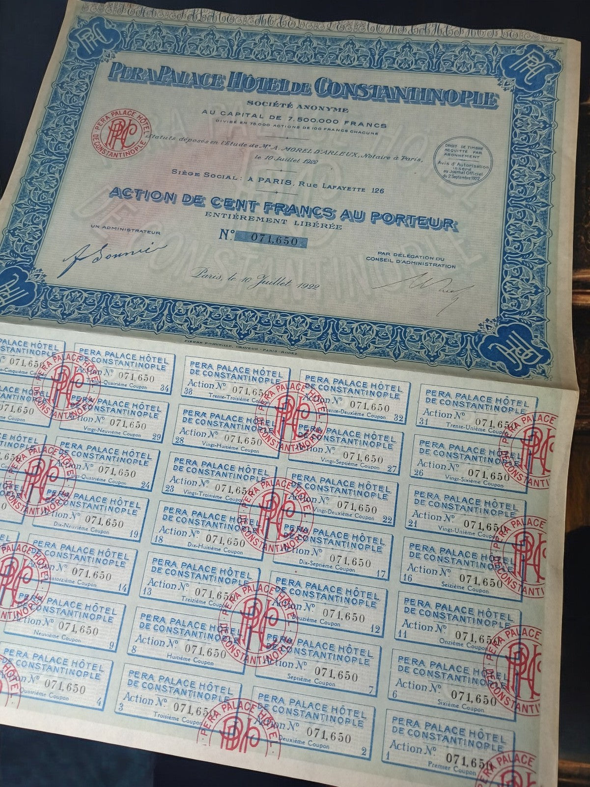 Action au porteur Pera Palace Hôtel de Constantinople 1922, document financier v