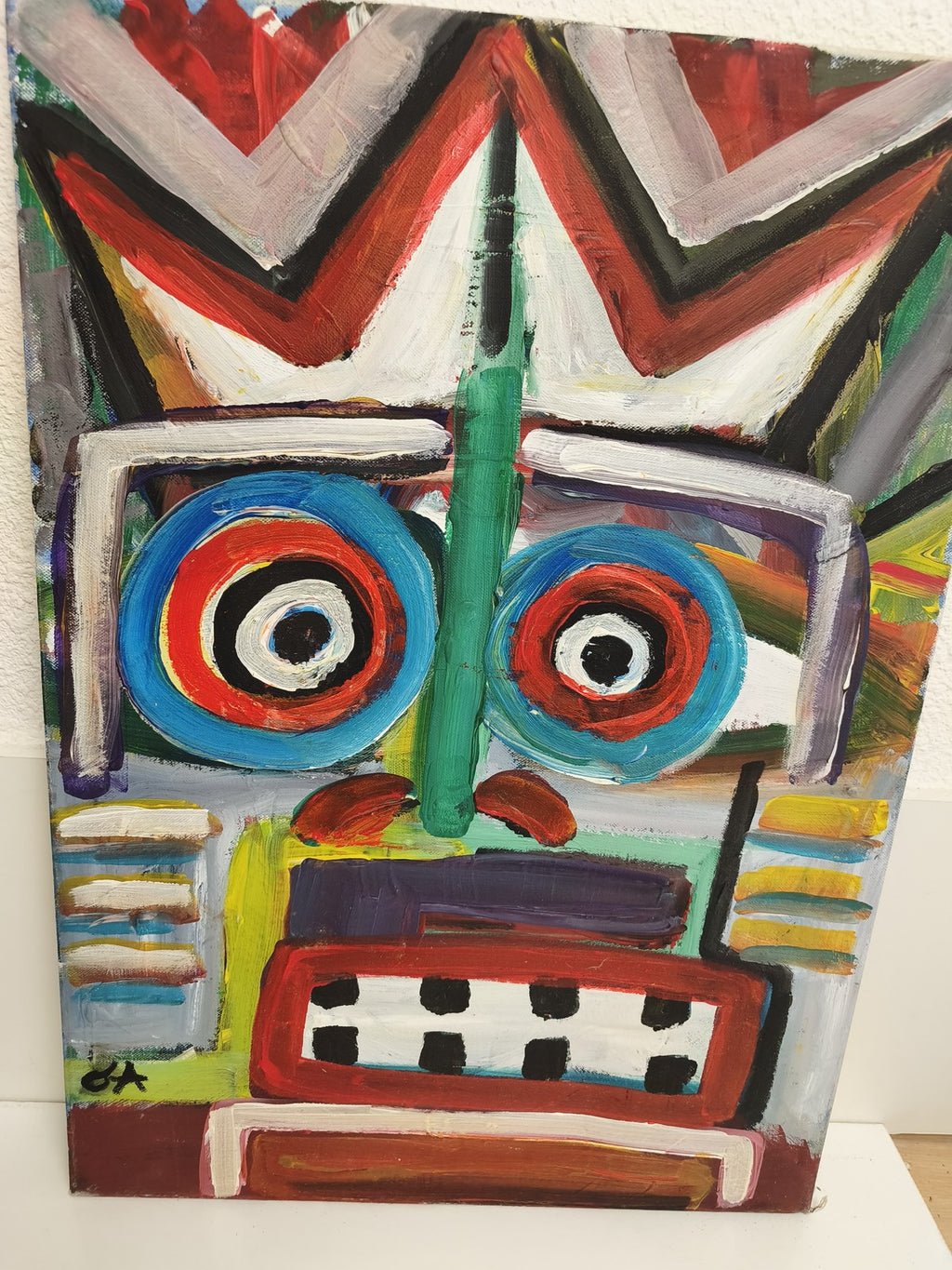 Tableau ancien abstrait visage pop art signé peinture acrylique couleurs vives