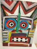 Tableau ancien abstrait visage pop art signé peinture acrylique couleurs vives