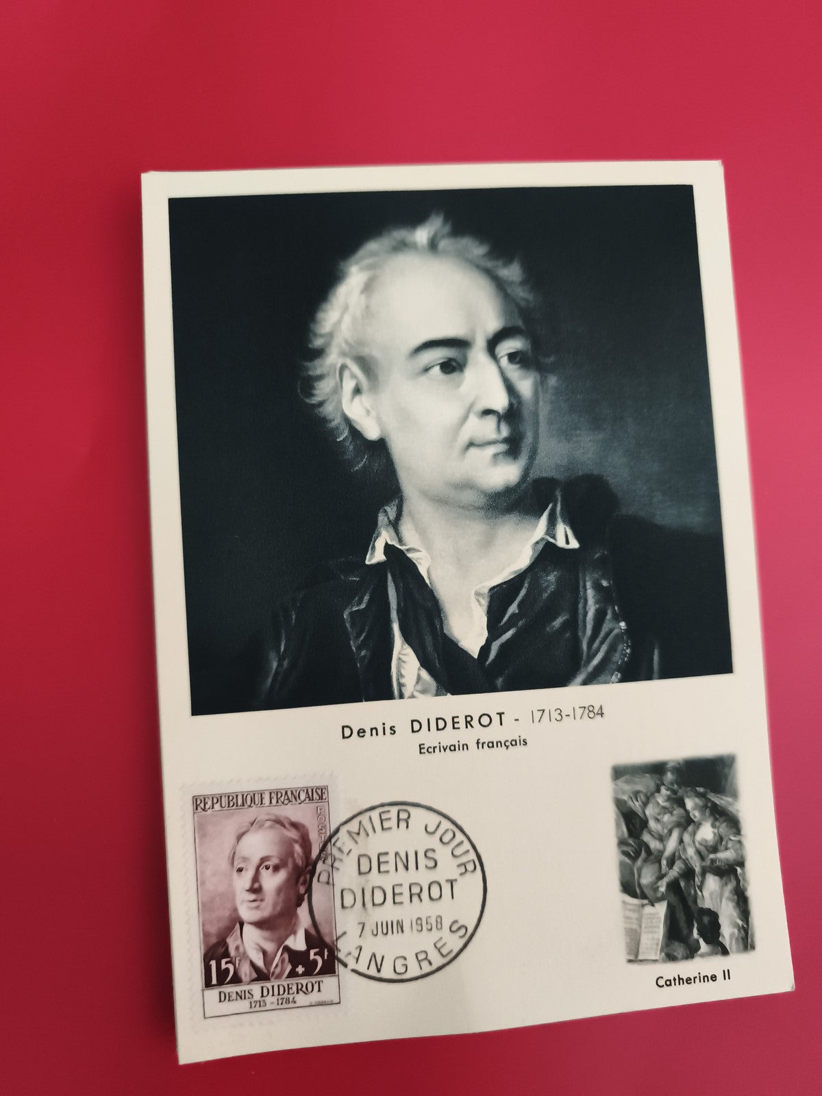 Carte FDC Denis Diderot 1958 timbre 15F écriture française philatélie (Ref 1)