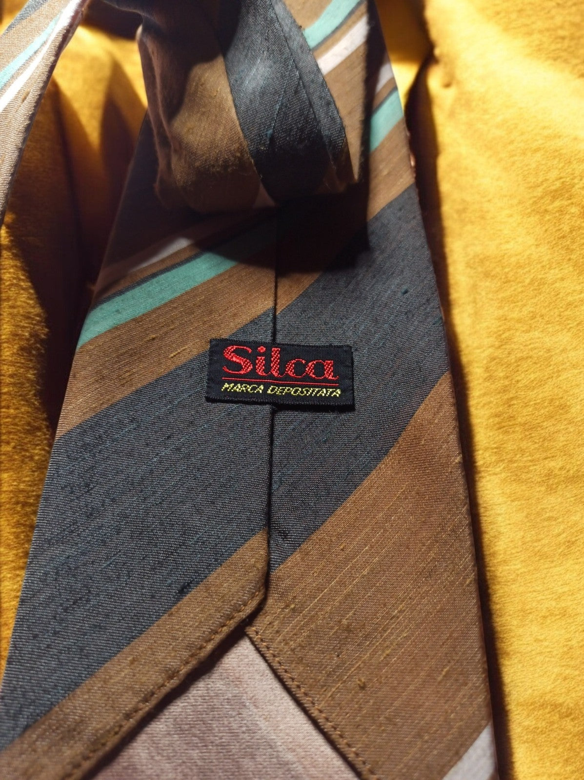 Cravate vintage Silca rayée marron vert bleu style années 70 Silcade