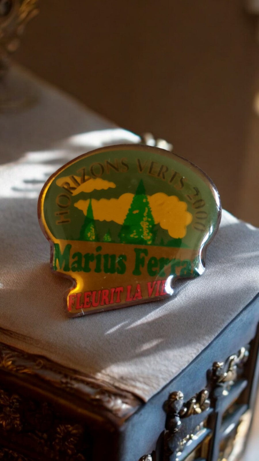 Pin's vintage Marius Ferrat Horizons Verts 2000 badge rétro déco