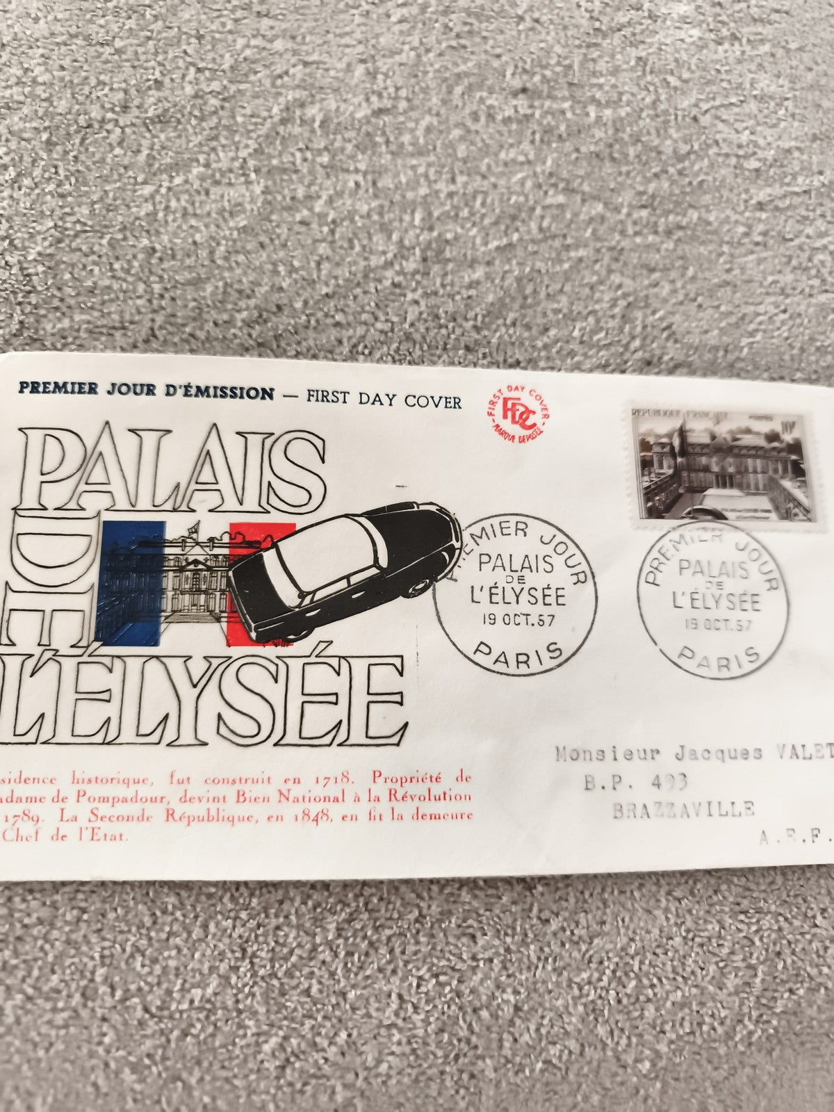 Enveloppe 1er jour Palais de l’Élysée 1957 Paris FDC ancien philatélie
