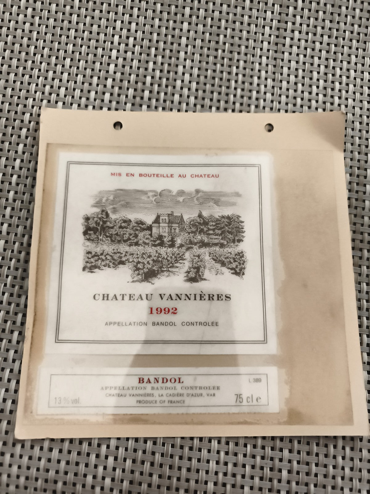 Étiquette vin Château Vannières 1992 Bandol Appellation contrôlée