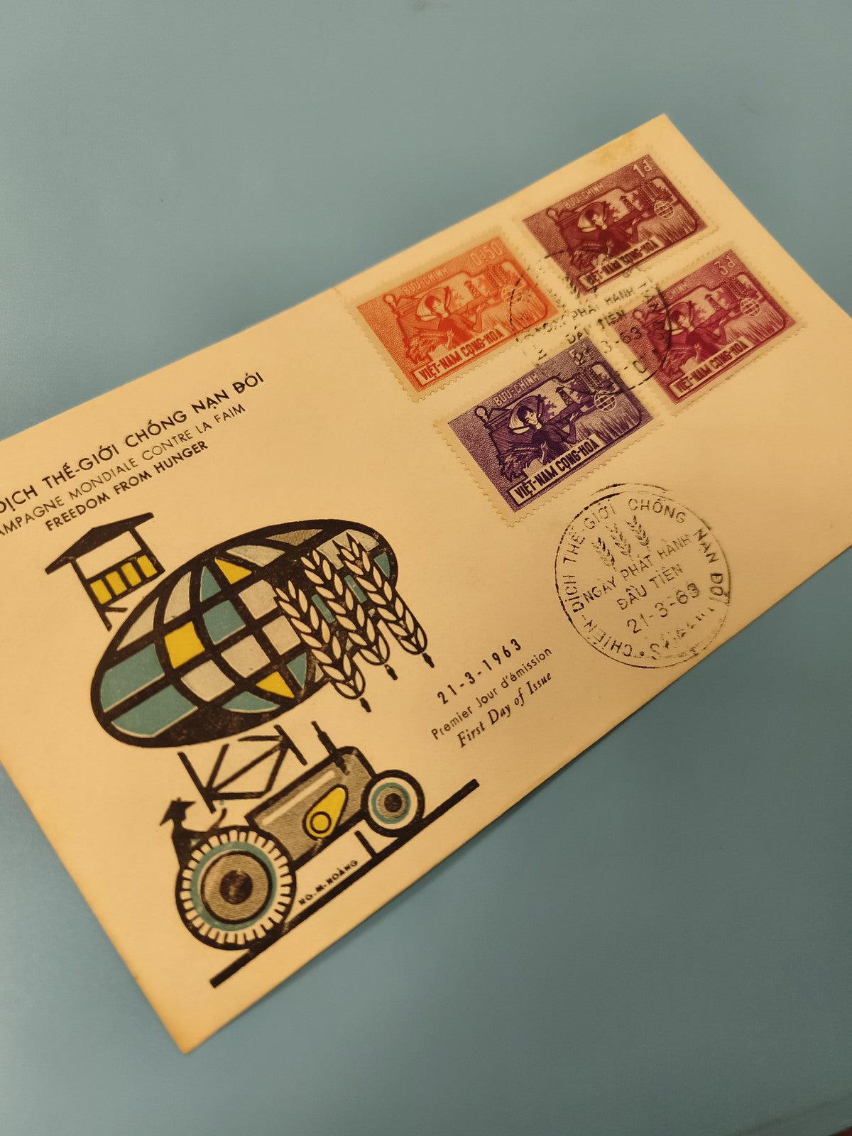 Ancienne enveloppe FDC Vietnam 1963 timbres illustrés campagne contre la faim