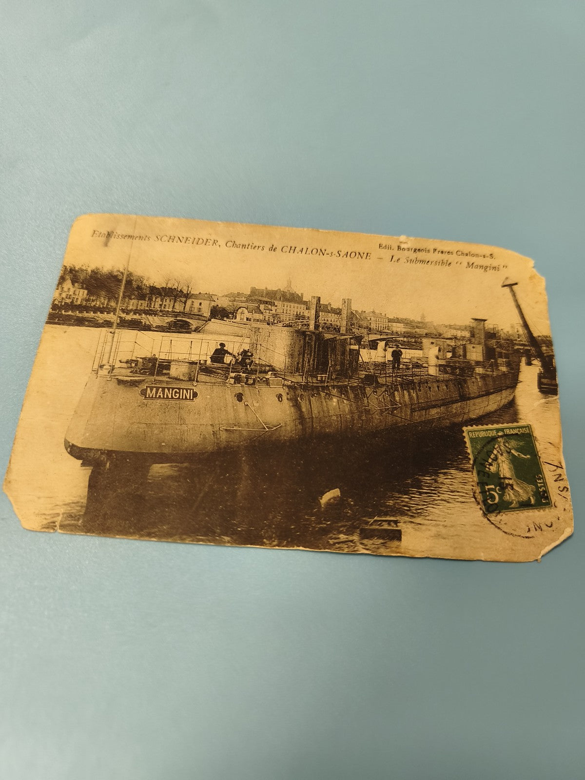 Carte postale ancienne sous-marin Mangini Chalon-sur-Saône Schneider timbre