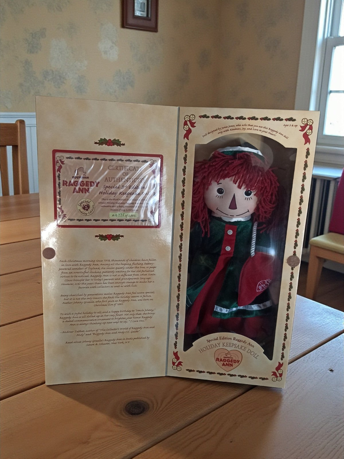 Poupée Raggedy Ann Applause Holiday Keepsake avec certificat édition spéciale