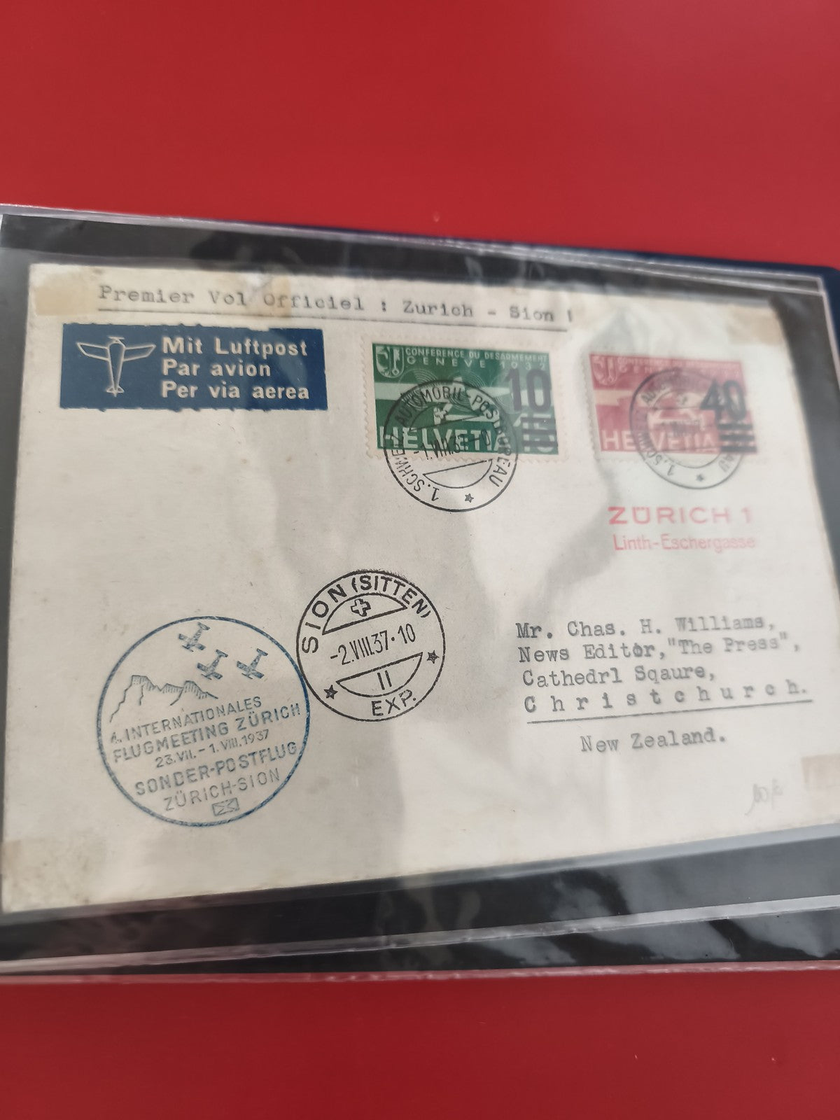 Ancienne enveloppe oblitérée Zurich Sion 1937 premier vol postal philatélie avio