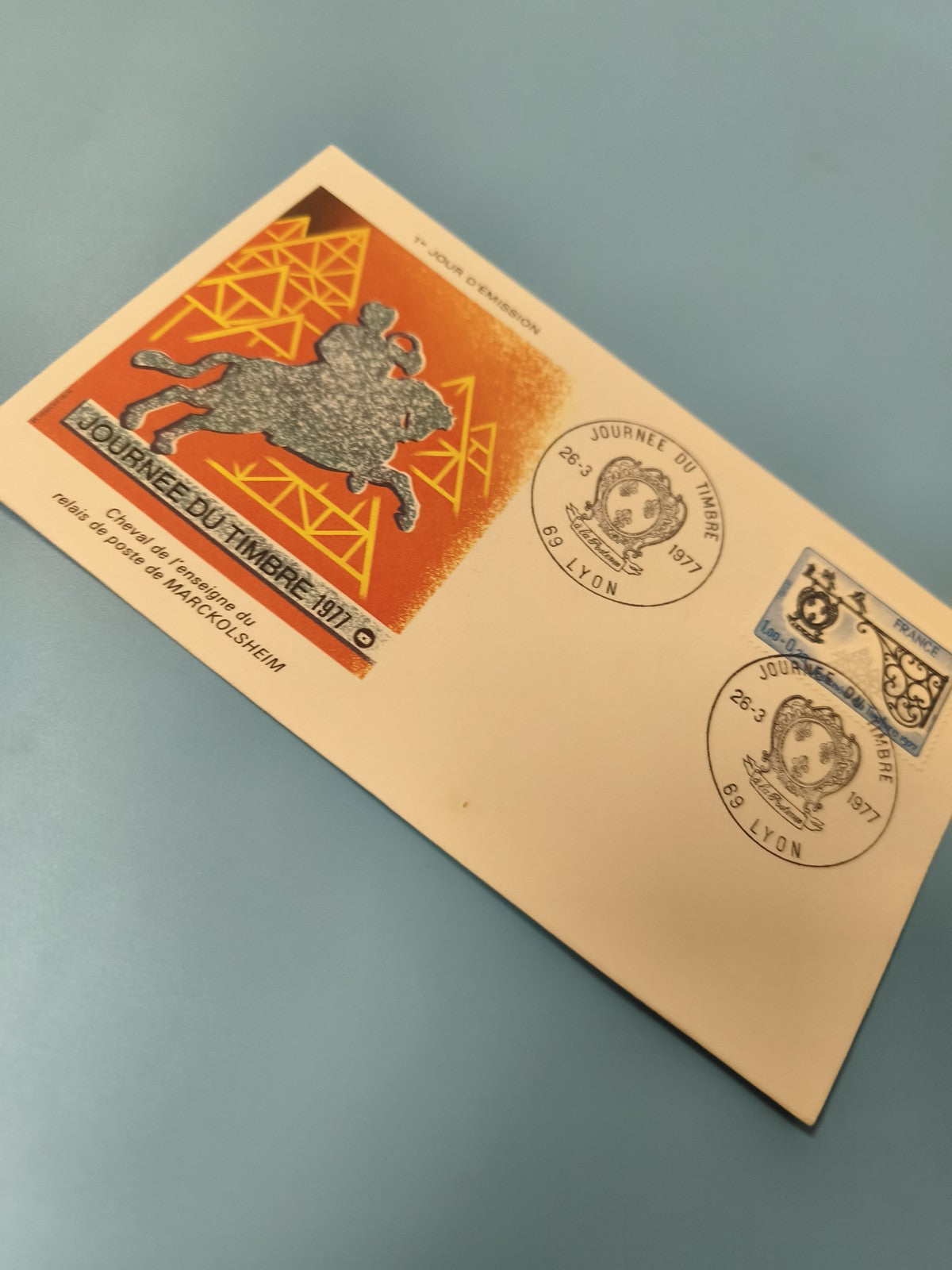 Enveloppe premier jour d?émission FDC Journée du Timbre 1977 Cheval Lyon