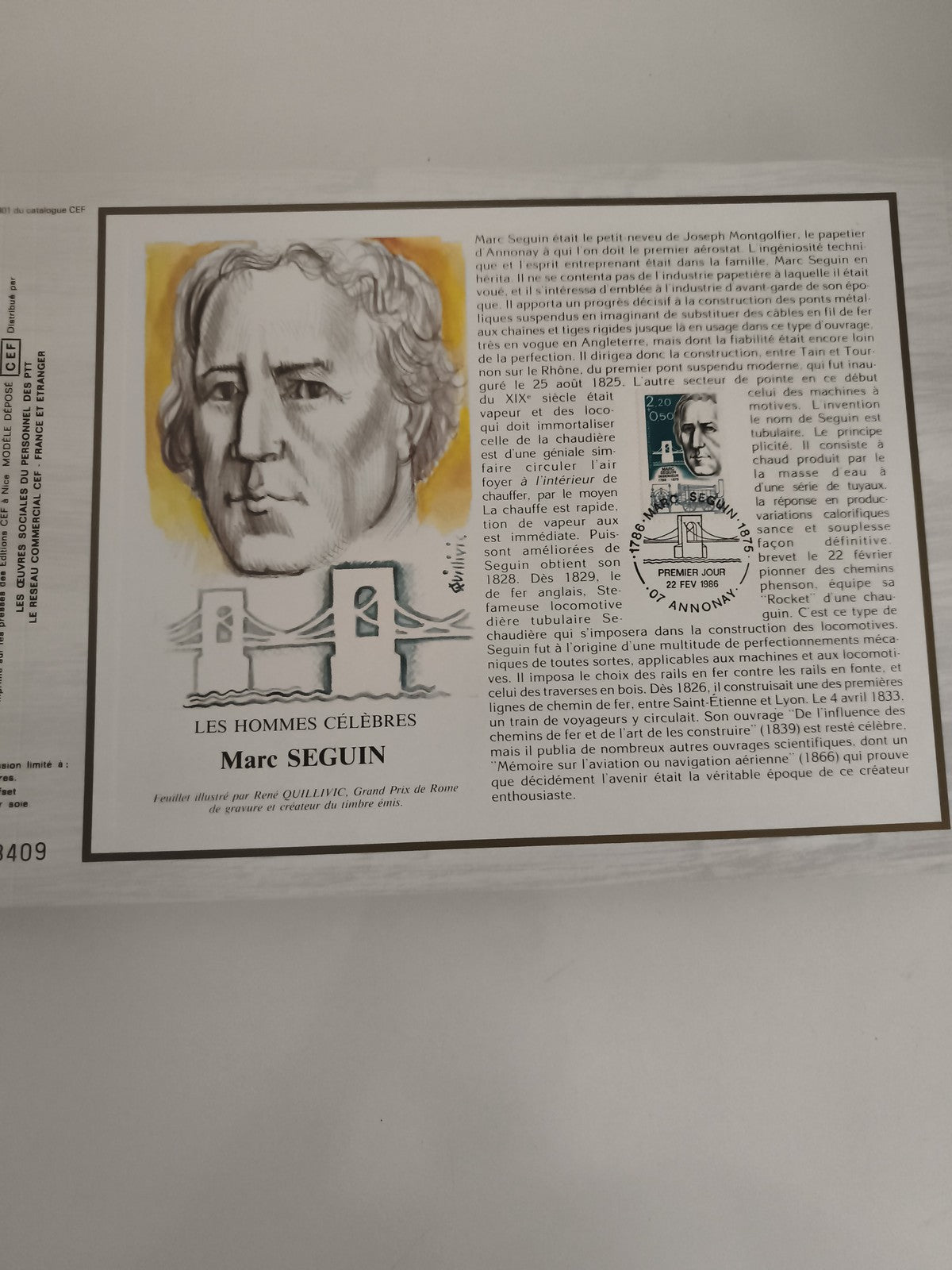 Feuillet CEF philatélie Marc Seguin Les Hommes Célèbres timbre Premier Jour
