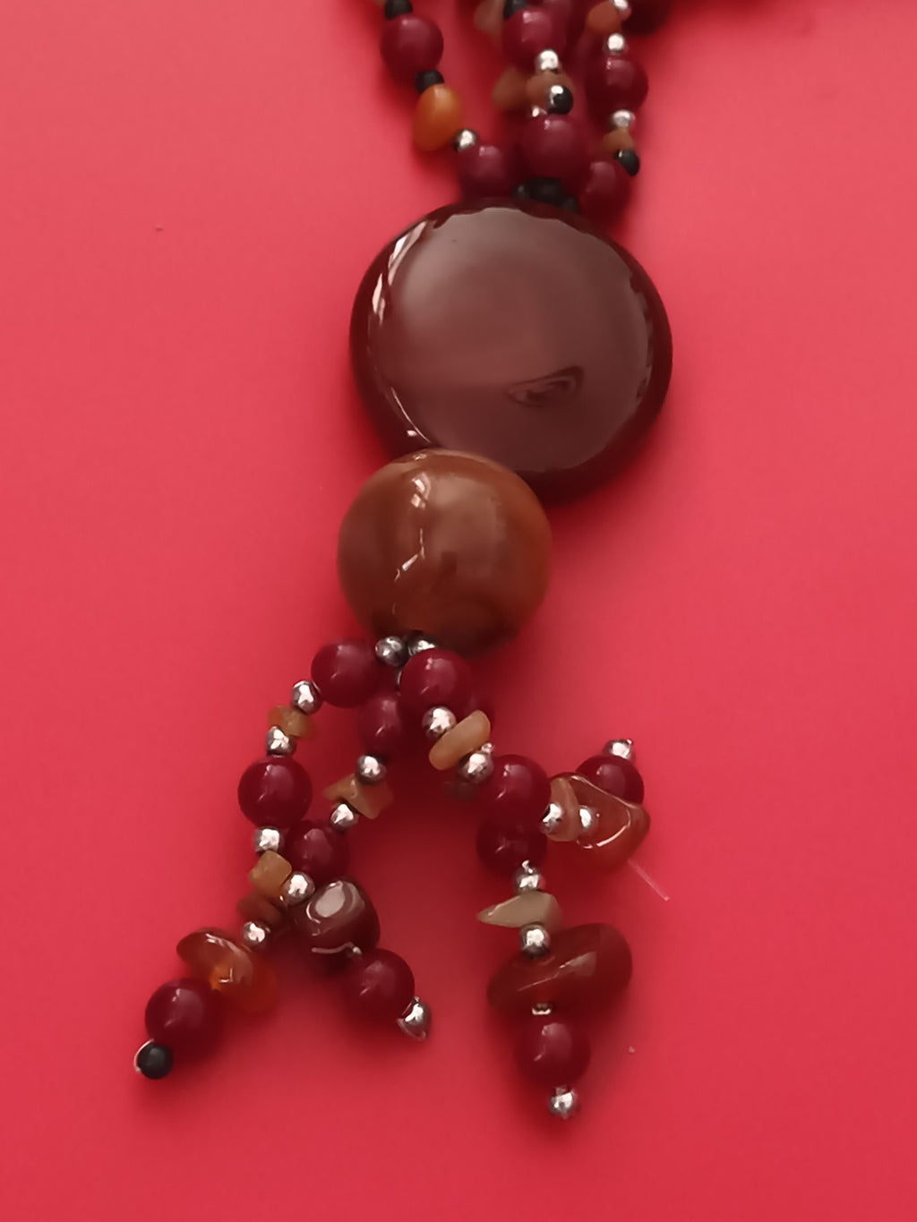 Collier ancien multirangs pierres naturelles brun rouge vintage