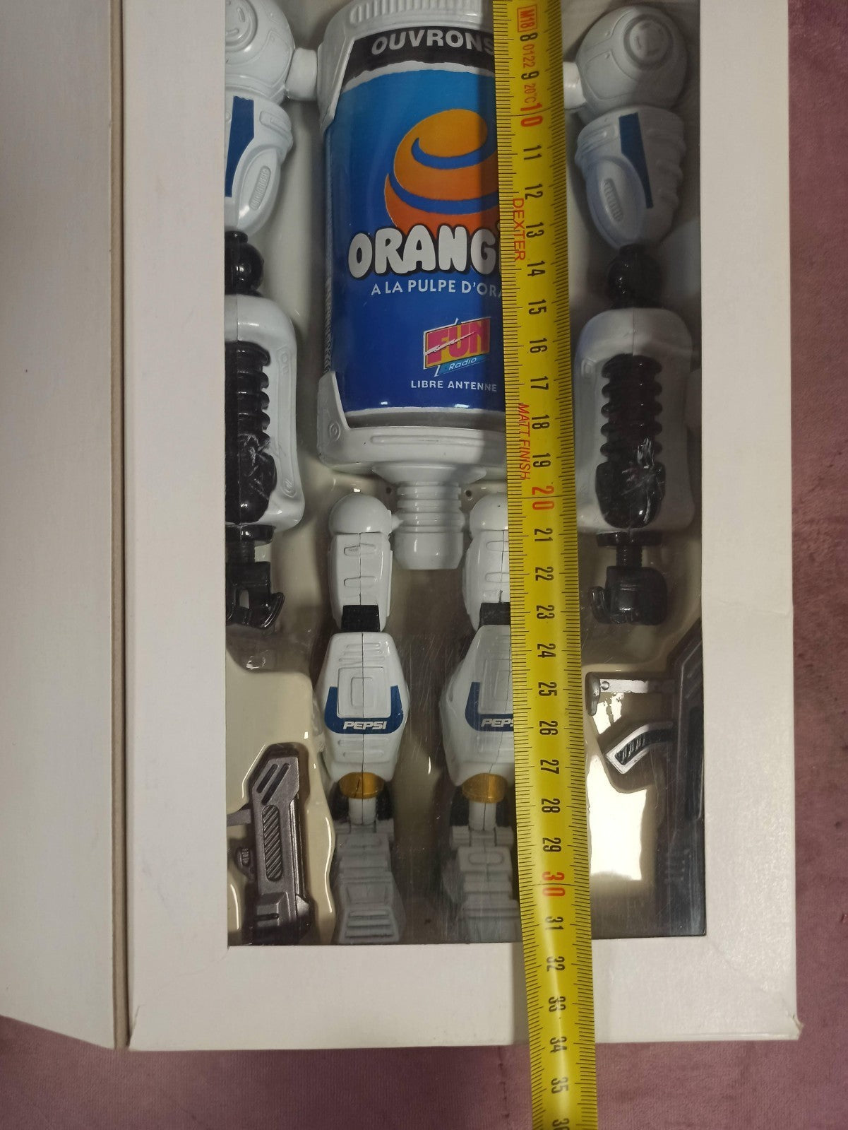 Figurine robot Orangina Pepsi vintage boîte, robot can publicitaire années 90