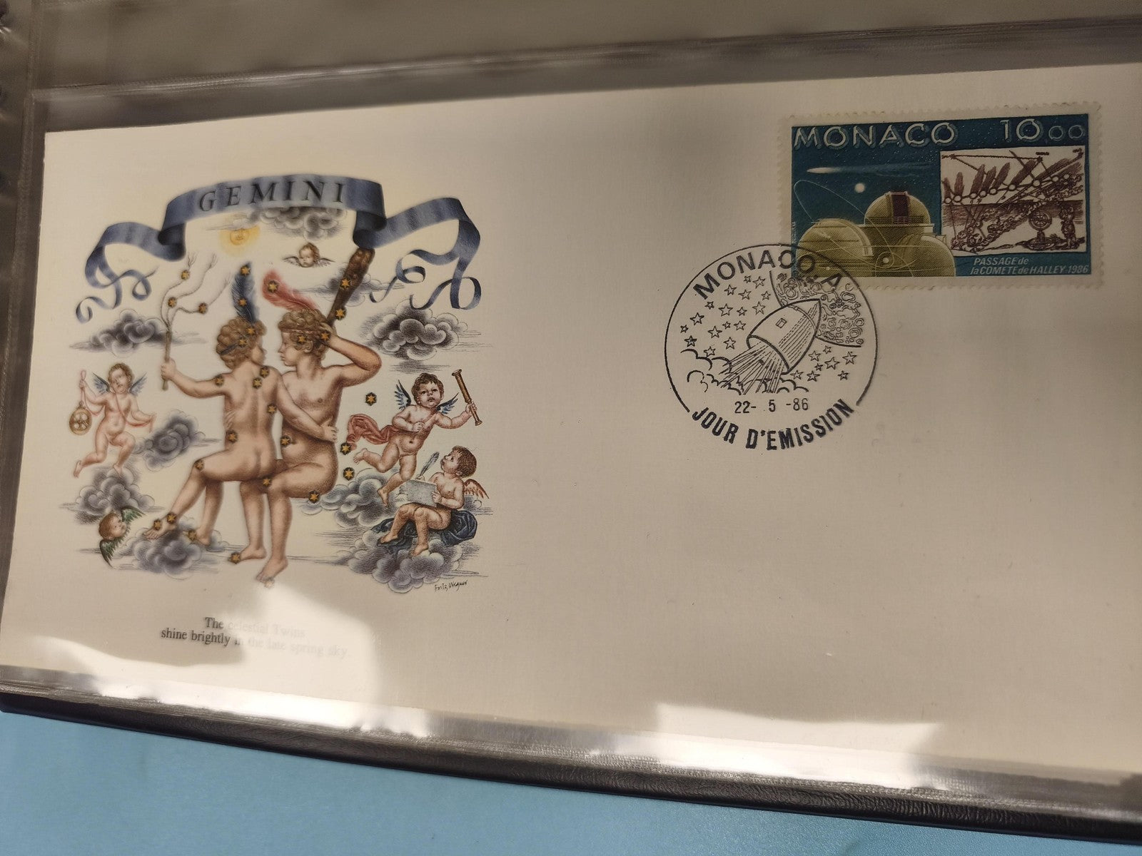 Enveloppe premier jour FDC Monaco Gemini timbre Halley 1986 illustration couleur