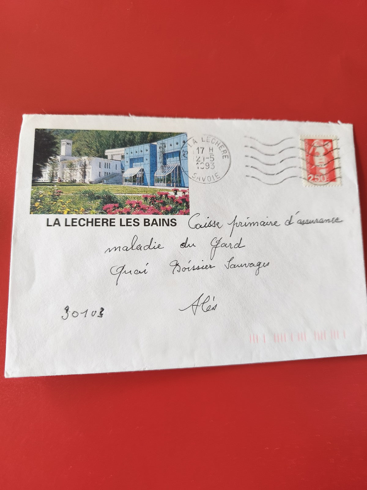 Enveloppe philatélie La Léchère Les Bains timbre 2,50 F paysage Savoie