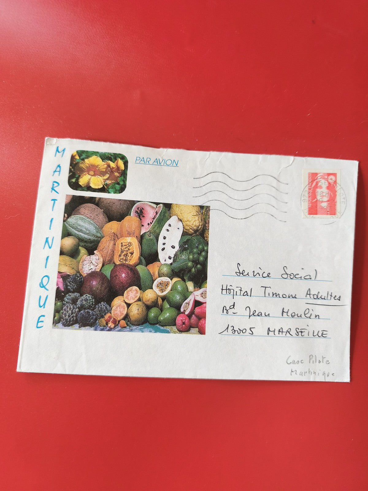 Enveloppe philatélie Martinique par avion, fruits exotiques, timbre, écriture