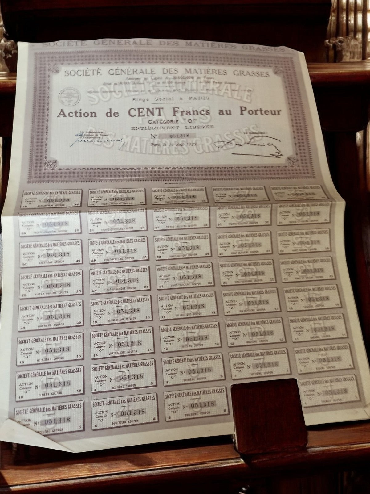 Action au porteur Société Générale Matières Grasses 1920s ancien certificat bour