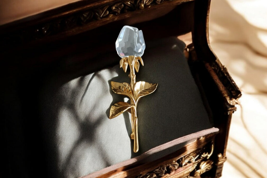 Broche vintage rose cristal doré fleur, bijou ancien signé, épingle rétro