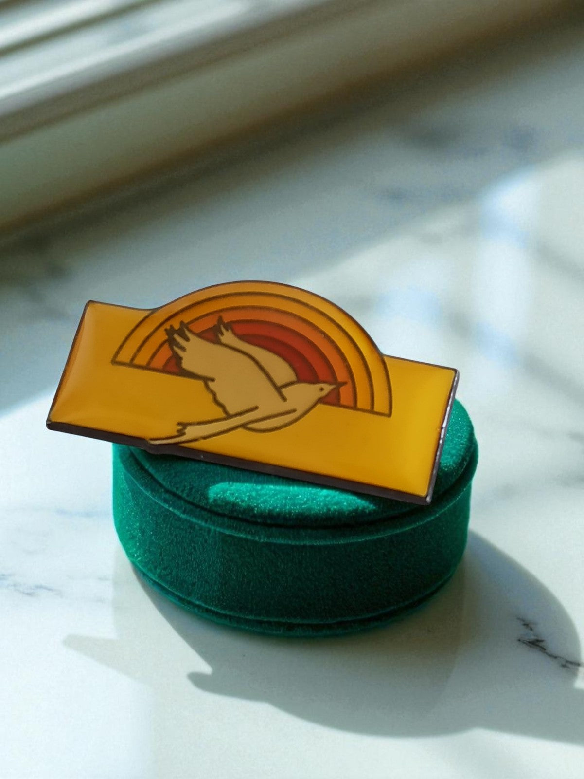 Pin's publicitaire vintage oiseau arc-en-ciel rétro – badge accessoire années 70