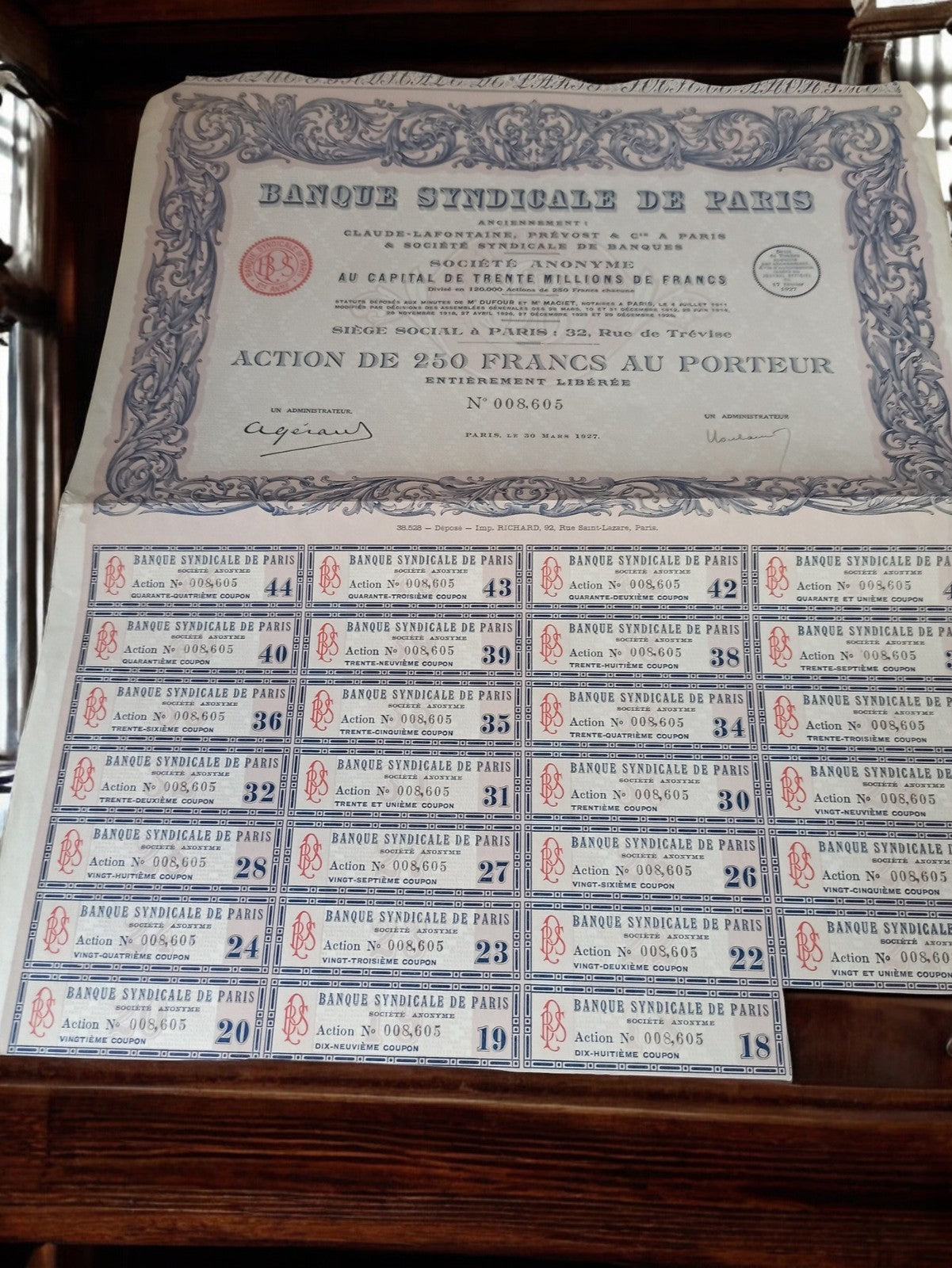 Action au porteur Banque Syndicale Paris 1927 ancien titre financier vintage