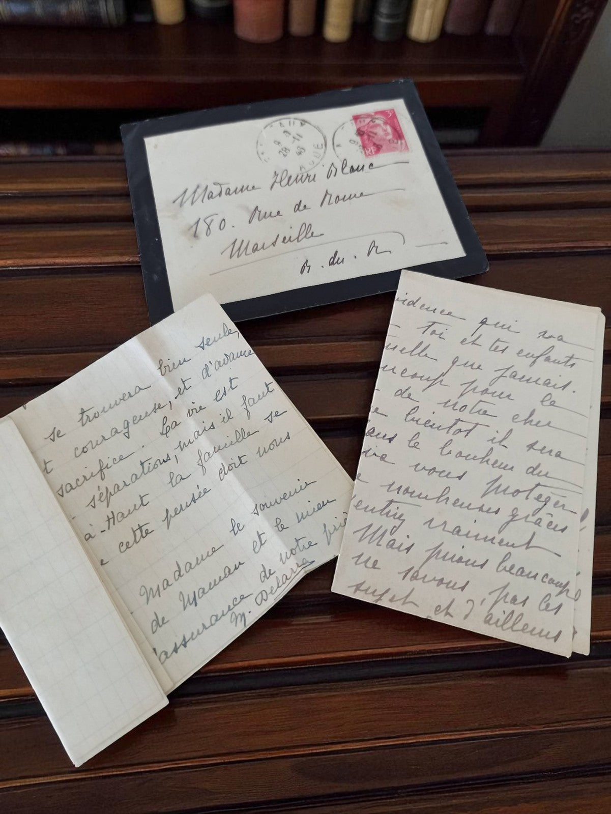 Lettre manuscrite ancienne 1946 + enveloppe Marseille vintage post-WW2 écriture